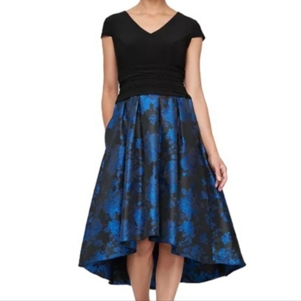 SLNY Black and Blue High Low Dress